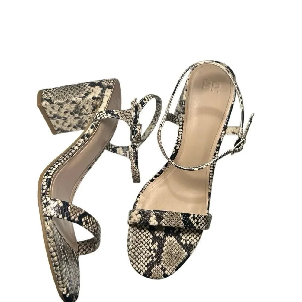 NIB Python Print BP Strappy Wide Block Heels 8.5 Vegan Leather